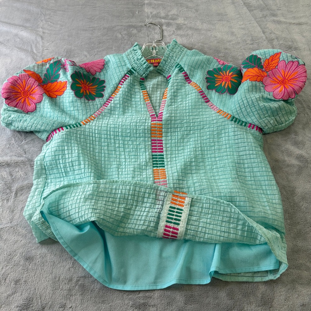 THML Aqua Blue Floral Embroidered Smocked Neck Puff Sleeve Blouse Small WCT2866 - Picture 4 of 7